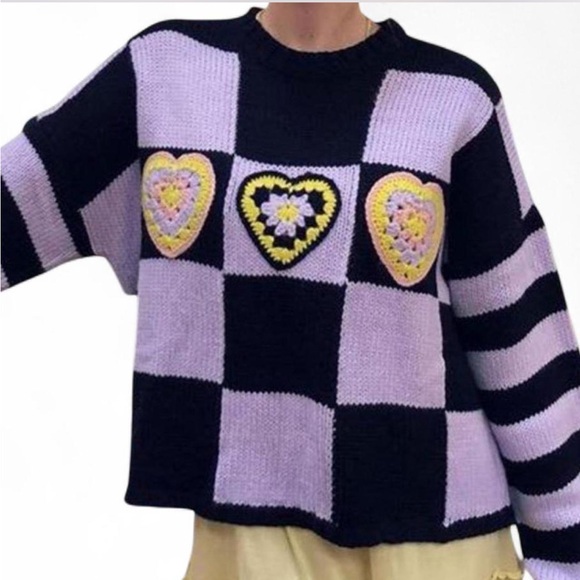 The Ragged Priest Sweaters - Ragged Priest Buddy Hearts Purple and Black Crewneck Knit Sweater